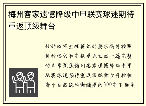 梅州客家遗憾降级中甲联赛球迷期待重返顶级舞台 梅州客家遗憾降级中甲联赛球迷期待重返顶级舞台